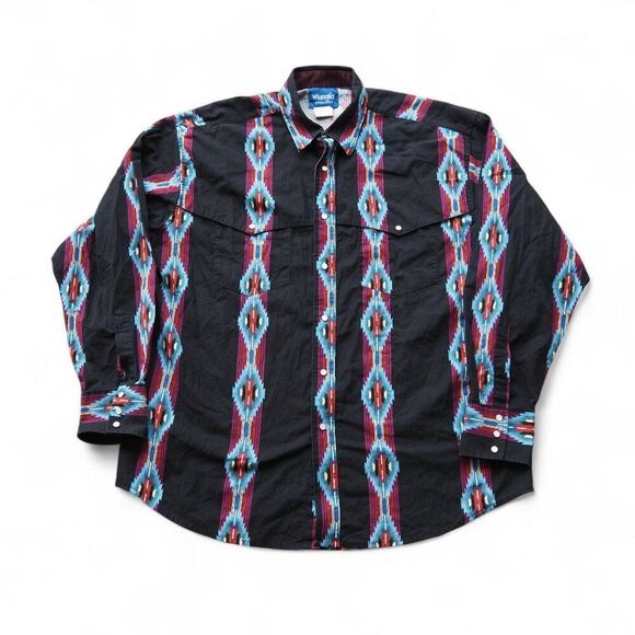 Wrangler Other - Wrangler VTG 90s Aztec Pearl Snap Button Long Sleeve Shirt Men's‎ XL Black
